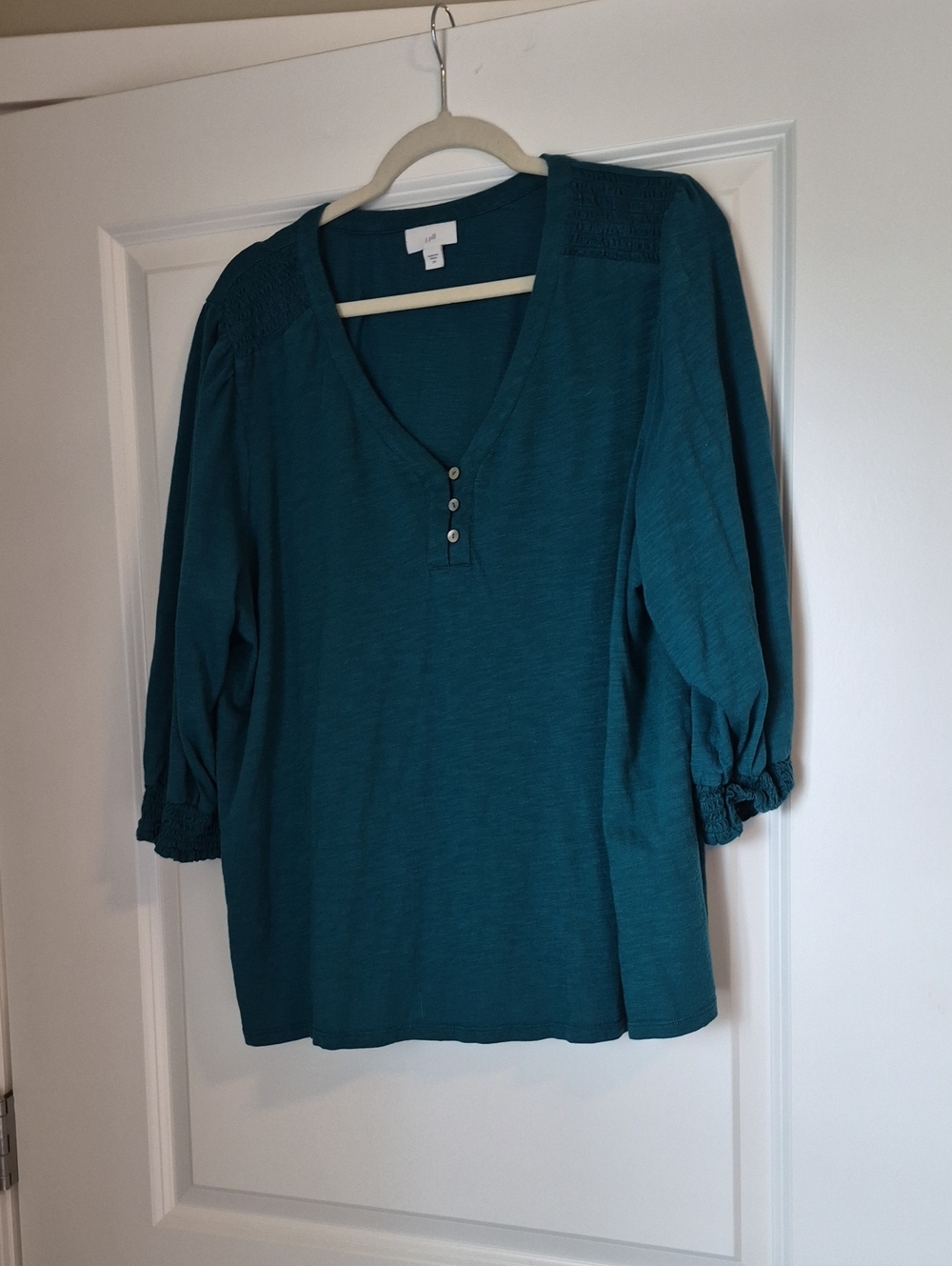 J. Jill Teal V-Neck Henley with Smocked Shoulders and Cuffs 2X